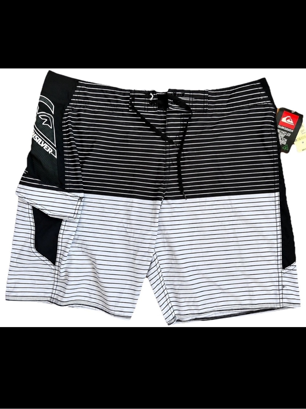 Quiksilver Board Shorts Mens 38 Black White Striped 4-Way Stretch Surf NWT